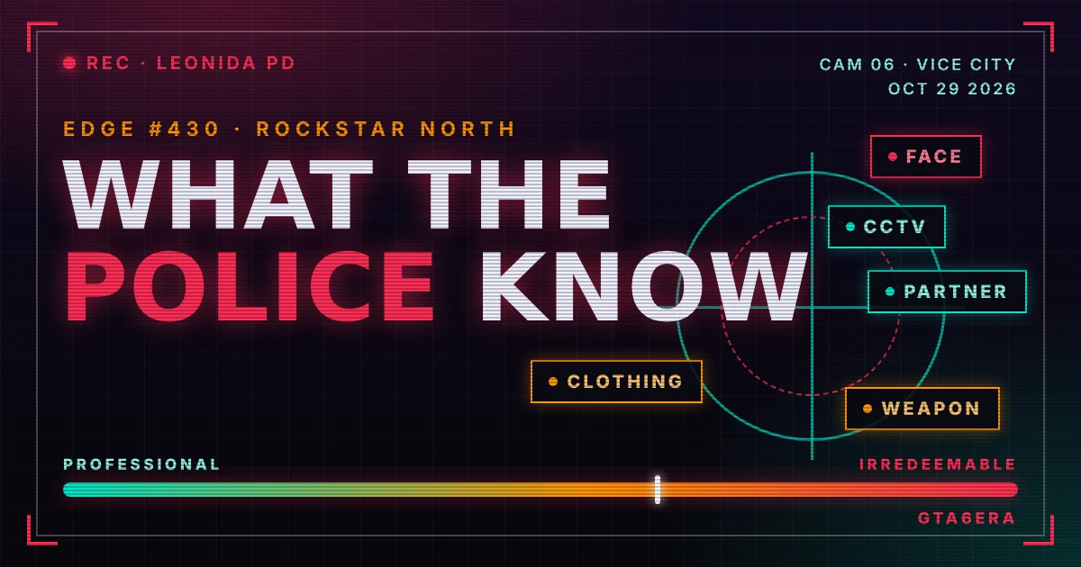 Surveillance-style graphic for the GTA 6 Edge cover story showing the five things police track: face, CCTV, partner, clothing and weapon