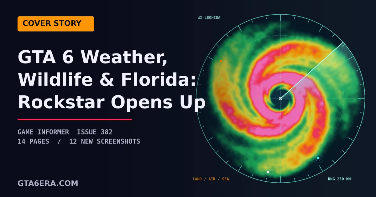 Weather-radar style graphic for the GTA 6 Game Informer cover story on weather, wildlife and Florida