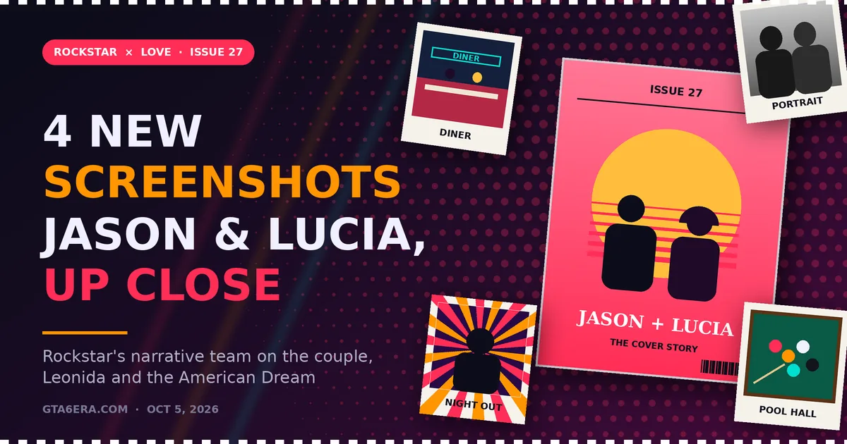 Magazine-cover style graphic reading 4 New Screenshots, Jason and Lucia Up Close, with four polaroid-style screenshot tiles and a cover for LOVE Issue 27