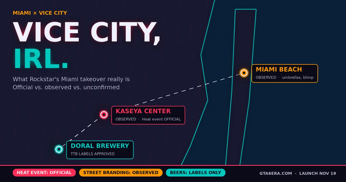 Neon map graphic titled Vice City, IRL showing Kaseya Center, Miami Beach and a Doral brewery as pins, labeled official, observed and labels approved