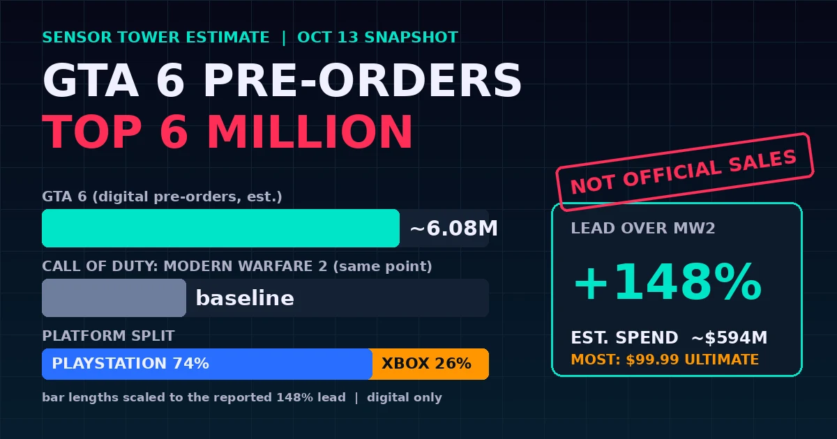 Bar chart of estimated GTA 6 digital pre-orders versus a Modern Warfare 2 baseline, with a 74 percent PlayStation and 26 percent Xbox split, a 148 percent lead and a Not Official Sales stamp